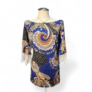 WinWin Blue and Orange Paisley Blouse with Lace